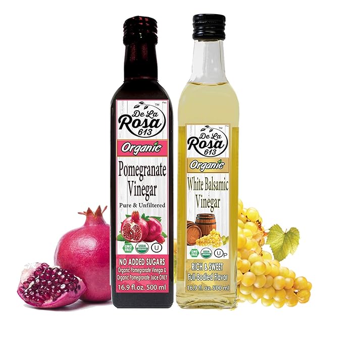 De La Rosa Organic Pomegranate and White Balsamic Vinegar, Vegan, Kosher, Non-GMO & Gluten Free, Great for Salad Dressings, Marinades & More, 16.9 Oz (Pack of 2)