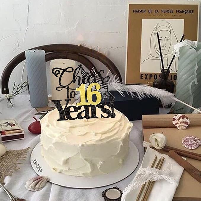 Rsstarxi 1 Pack Cheers to 16 Years Cake Topper Glitter Sixteen Years Old 16th Birthday Cake Pick 16 Fabulous Cake Decorations for Happy 16th Birthday Wedding Anniversary Party Supplies Black