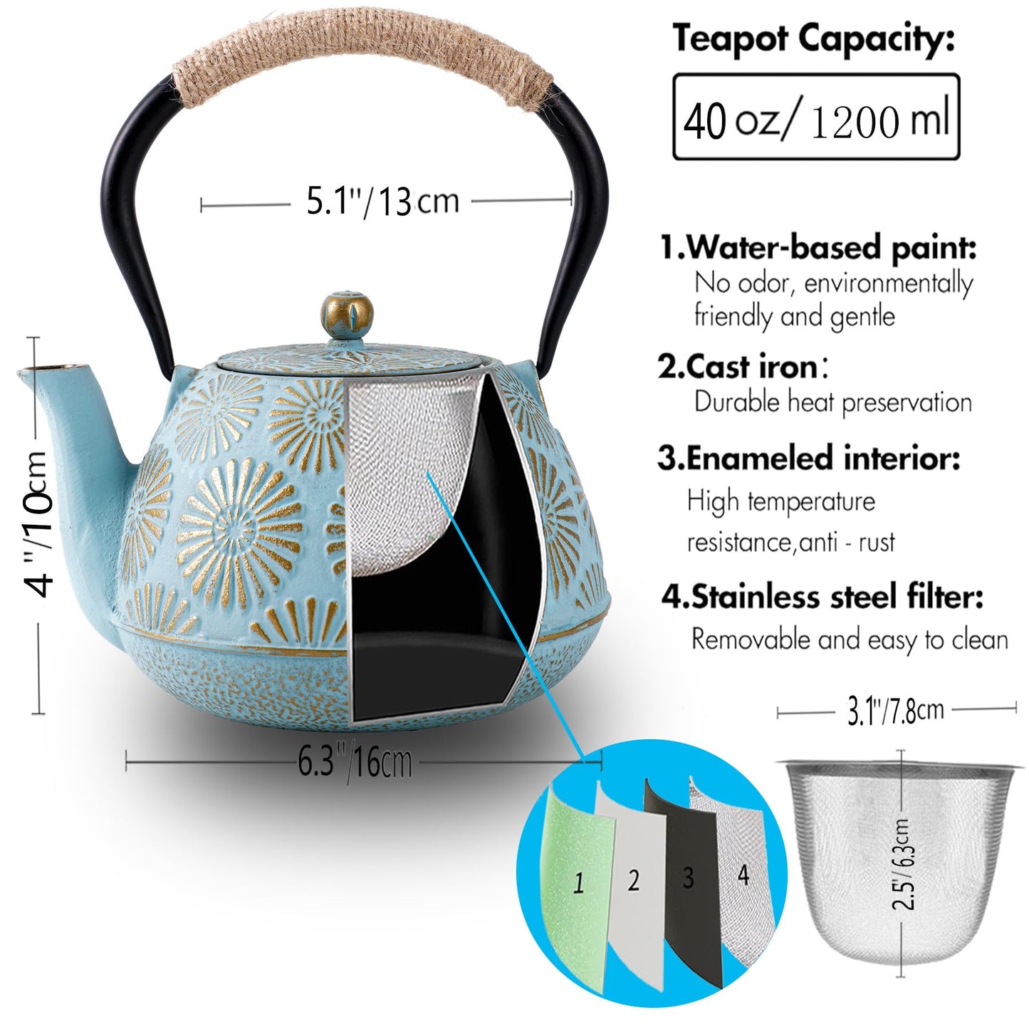 TiwisiTe Cast Iron Teapot 40oz Infuser, Gold Gilt Enamel Lining