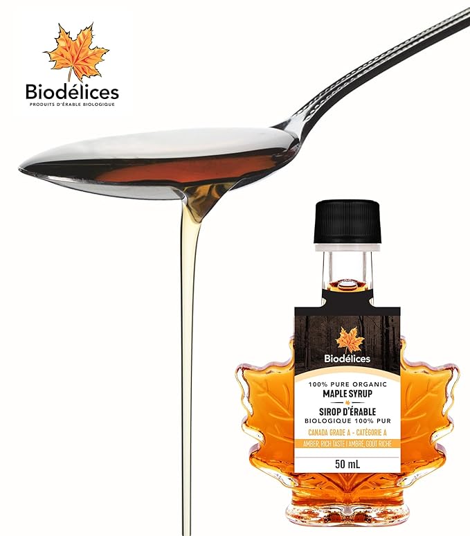 Biodélices 100% Pure Organic Maple Syrup - Premium Grade A - Quebec's Finest in Elegant Maple Leaf Bottle (1.69 Fl Oz (Pack of 1))