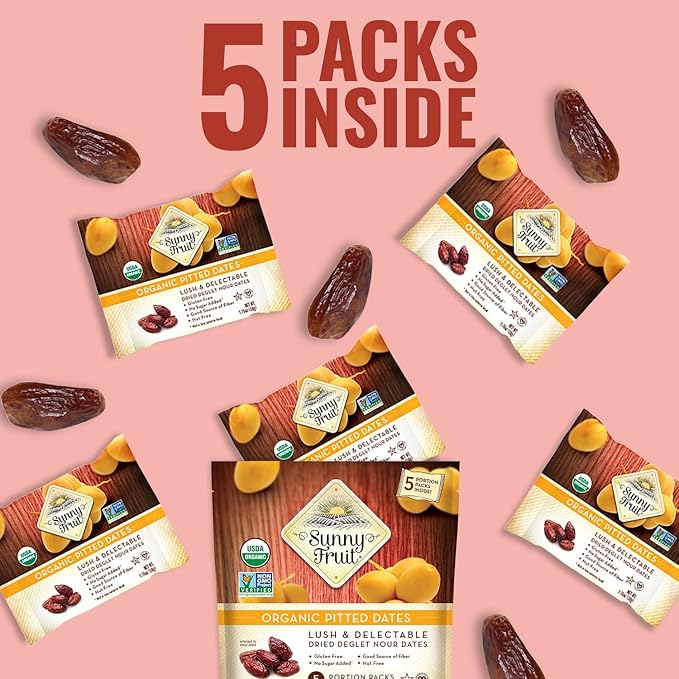 Sunny Fruit Organic Dried Pitted Deglet Nour Dates - 1 Bag (5 Individual Portion Packs) | No Preservatives, No Sugar Added | Healthy, Convenient Superfood Snack Packs | ORGANIC, NON-GMO, HALAL, KOSHER
