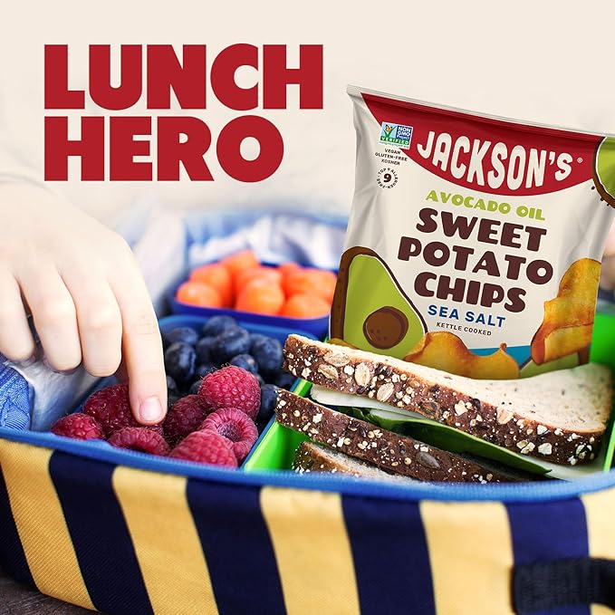 Jackson???Sweet Potato Kettle Chips Avocado Oil Variety Pack made with Premium Oils (1.5 oz, Pack of 10) Sea Salt, Ranch and BBQ Flavors - Allergen-friendly, Gluten Free, Vegan