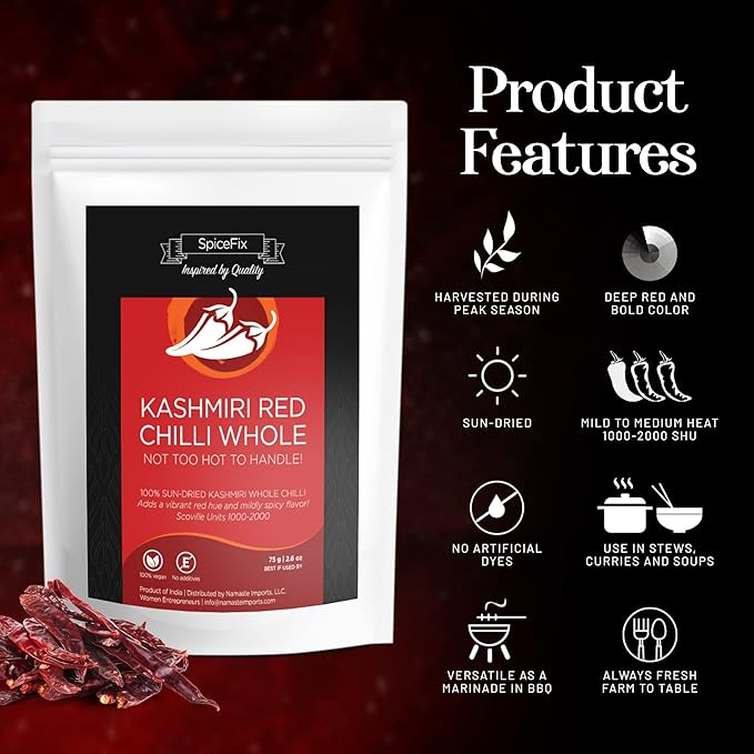SpiceFix - Whole Kashmiri Red Chilli Pepper, Mild to Medium Heat Natural Stemless Chillies, Sun-Dried Red Pepper, Indian Dried Chili Peppers in a Resealable Bag, 2.6 Ounces