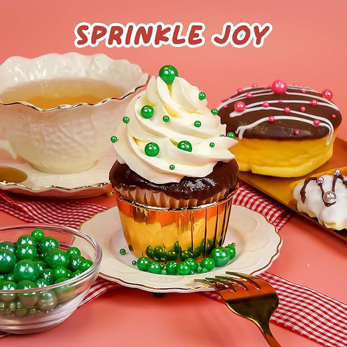 Christmas Edible Green Pearl Sprinkles, Edible Sugar Pearls for Cake Decorating, Cake Decorations, Cupcake Toppers, 180g/6.35oz, Mix Size, Wedding Party Halloween Christmas Supplies