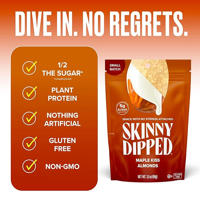 SkinnyDipped Maple Kiss Almonds, Healthy Snack, Plant Protein, Gluten Free, 3.5 oz Resealable Bags, Pack of 5, Seasonal Flavor