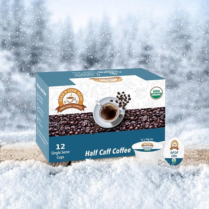 Alex's Low Acid Organic Coffee Single-Serve Pods (12-Pack) - Half Caff