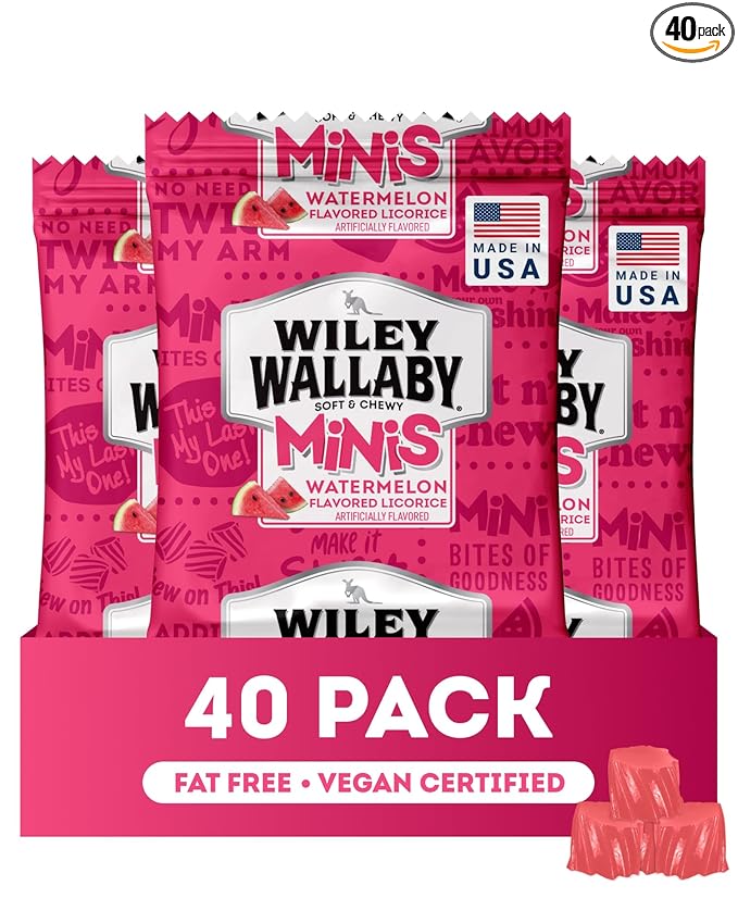 Wiley Wallaby Mini Licorice Bites 0.5 Ounce Classic Gourmet Soft & Chewy Australian Watermelon Licorice Candy Bags, 40 Pack
