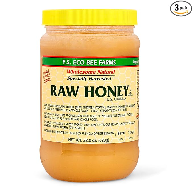 Y.S. Bee Farms Organic Honey Raw Unfiltered - 22 oz 3 Pack - U.S. Grade A Raw Honey, Packed by ILIOS