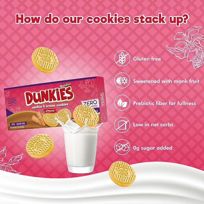 ChocZero Churro Dunkies ??Sugar Free Cinnamon Vanilla Sandwich Cookies, Keto Friendly, Low Net Carb, High Fiber, Gluten Free ??9oz Box