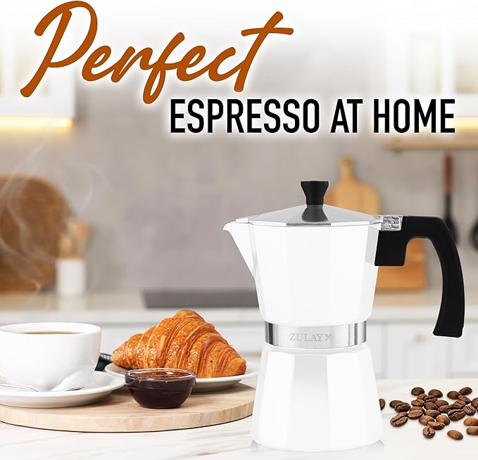 Zulay Moka Pot Espresso Stovetop Coffee Maker - Leak-Proof, Stainless Steel, Easy to Clean, Heat Resistant Handle & Knob - for Authentic Cuban & Italian Style Espresso - Makes 6 Espresso Cups - White