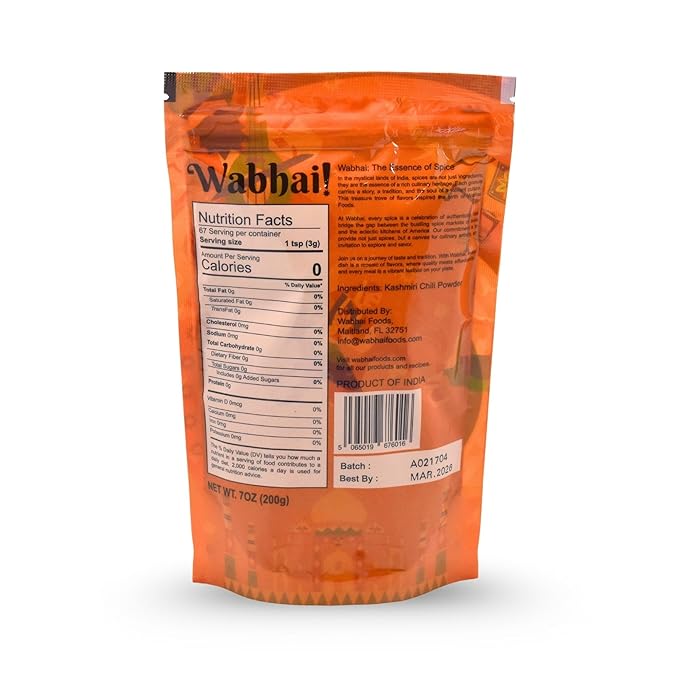 Wabhai! Kashmiri Chili Powder | Vibrant | Aromatic | Mild Heat | All Natural | Finest Spices (7oz (200g), 7, Ounce)