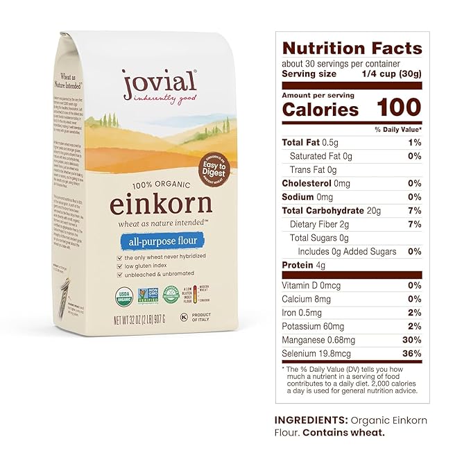 Jovial Organic Einkorn Unbleached All Purpose Flour - Bread Baking Flour for Sourdough, High Protein, Non-GMO, Organic Pizza & Pasta Flour, Glyphosate Free - 32 Oz