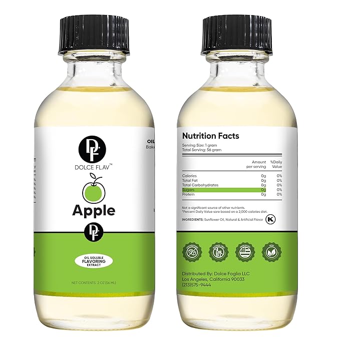 Dolce Flav Apple Extract ??2 Ounce Oil-Soluble Kosher, Sugar-Free, Concentrated Crisp Apple Flavoring for Baking, Chocolates & Desserts, Includes Measured Dropper