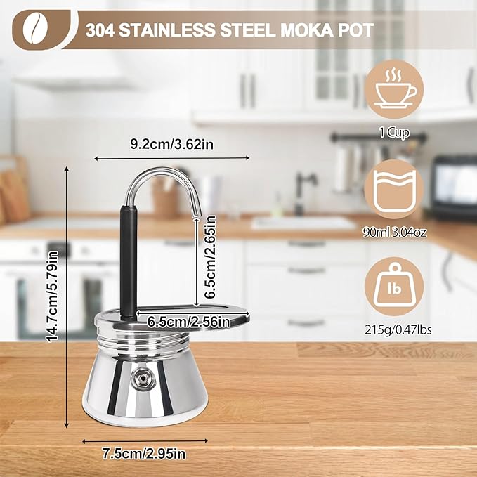 Uncoated 1 Cup Single Tube Moka Pot 304 Thickened Stainless Steel Mini Coffee Maker Stovetop Espresso Coffeemaker Italian Classic Style Brewing Greca Cafe Mocha Machine for Camping Travel Home 90ml