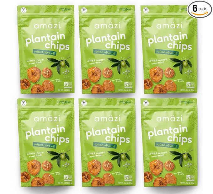 Am채zi Foods | Dried & Roasted Salted Olive Oil Plantain Chips (6 Pack) | All Natural Mini Travel Crunchy Dried Fruit Snacks | Gluten Free Healthy Snacks