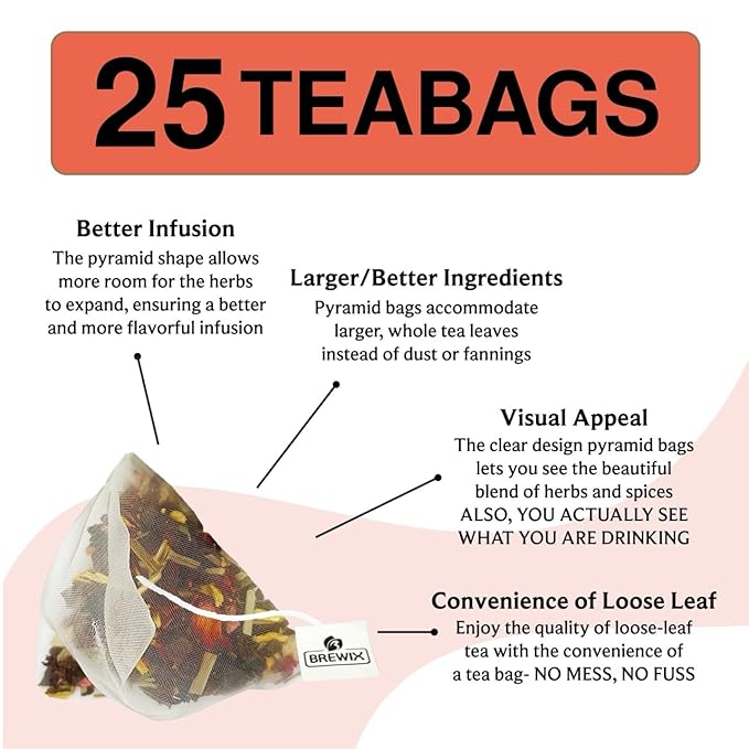 BREWIX, Mango Passion Fruit Herbal Tea Bags ??25 Plant-Based Pyramid Bags | Iced or Hot | Hibiscus, Citrus Peel, Lemongrass | Caffeine-Free & Naturally Uplifting Wellness Brew