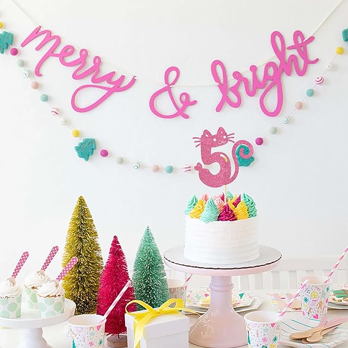 1 Pack Cat Cake Topper 5th Birthday Cake Pick Glitter Cute Pet Cat Cake Decoration for Cat Theme Baby Shower Kids Five Birthday Wedding Party Cake Decorations Supplies Pink