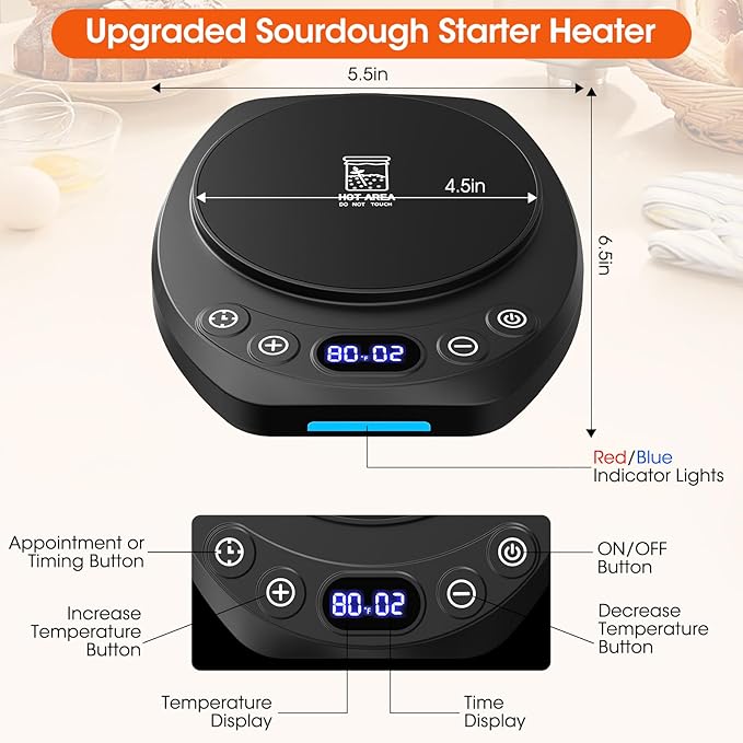 MQFORU Upgrade Sourdough Starter Warmer Mat, Precise 1°F Thermostat Control (70-120°F), Smart Memory Leavening Pad for Kitchen Sourdough and Bagels, 0-24H Timer with US Plug, °C/°F Display
