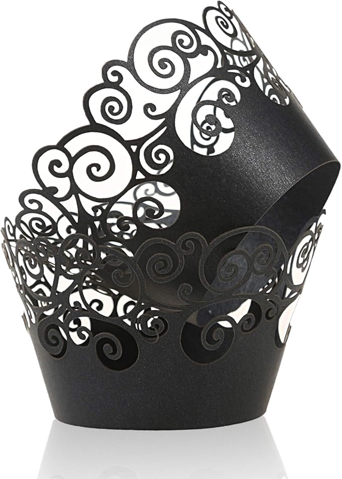 Cupcake Wrappers, KPOSIYA 50 Pack Cupcake Wraps Filigree Artistic Bake Cake Paper Cup Little Vine Laser Cut Liner Baking Cups Muffin Case Trays for Wedding Party Birthday Decoration (50, Black)