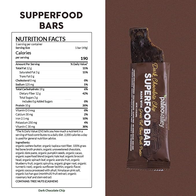 Paleovalley Superfood Bars ??Dark Chocolate Chip??10 Pack ??9g Protein per Bar ??Gluten-Free, Grain-Free, Paleo, Non-GMO ??On-the-Go Snack