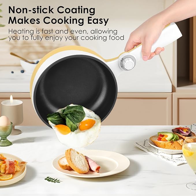 Audecook Hot Pot Electric, 1.7L Mini Electric Skillet Portable Nonstick Saut챕 Pan with Power Adjustment, Rapid Noodles Cooker Travel Multicooker for Steak/Soup/Egg/Oatmeal/Noodles