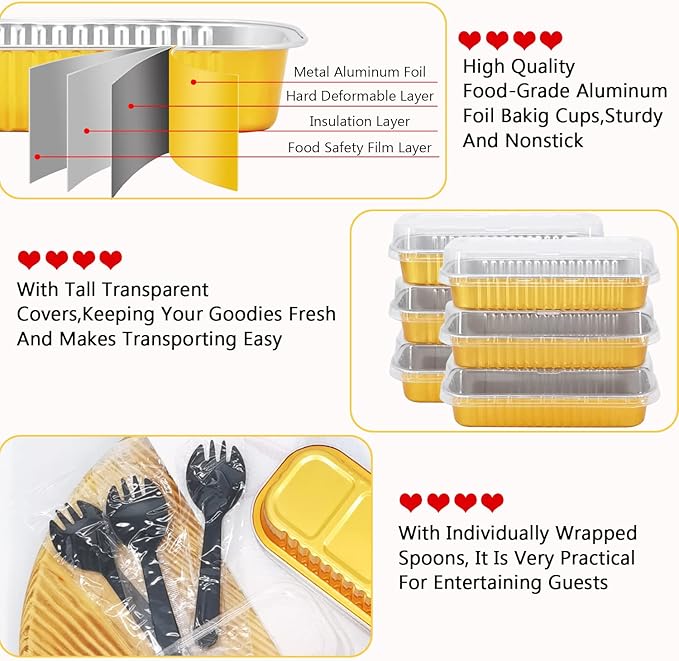 LNYZQUS Disposable Foil Mini Pans with Lids 50 Pack, 6.8oz 6.5"x2.5"x1.2" Aluminum Small Loaf Pans,Rectangle Muffin Pan Mini Cake Tins Containers for Bread Loaf -Gold
