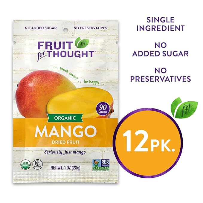 Fruit for Thought Organic Dried Mango | Dried Fruit Snack Packs Ideal for the Family | No Sugar Added | At Home, Work, or On the Go | 1 Ounce Bags Pack of 12