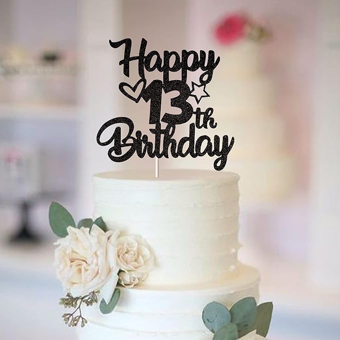 1 Pack Happy 13th Birthday Cake Topper Glitter Heart Star 13 Fabulous Cake Pick Birthday Sign Cake Decorations for Children 13th Birthday Theme Party Supplies Black