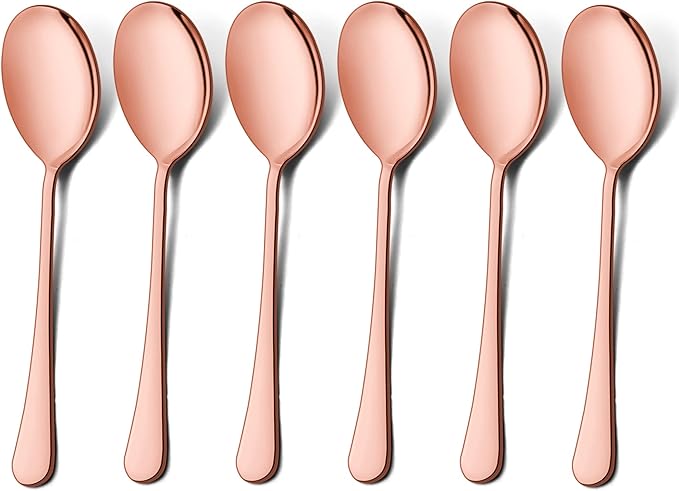 LIANYU Copper Serving Spoons Set of 6, 9.8 Inch Stainless Steel Large Dinner Buffet Catering Banquet Serving Spoons, Mirror Finish, Dishwasher Safe