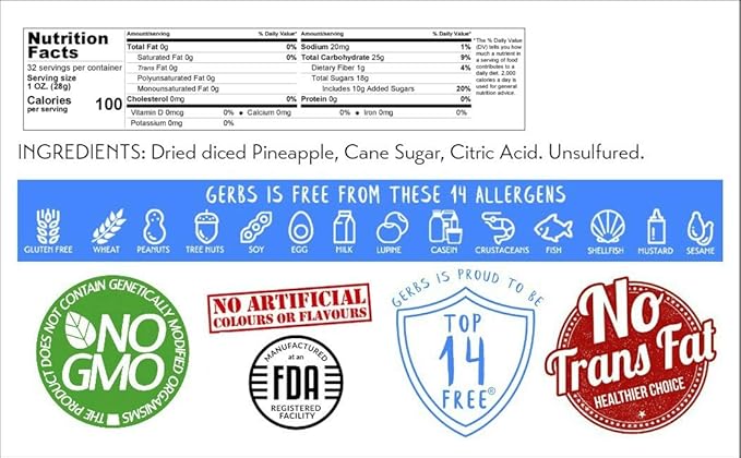 Gerbs Dried Pineapple Cubes, 2 LBS - Preservative Free & Unsulfured - Top 14 Food Allergy Free & Non GMO - Product of Thailand