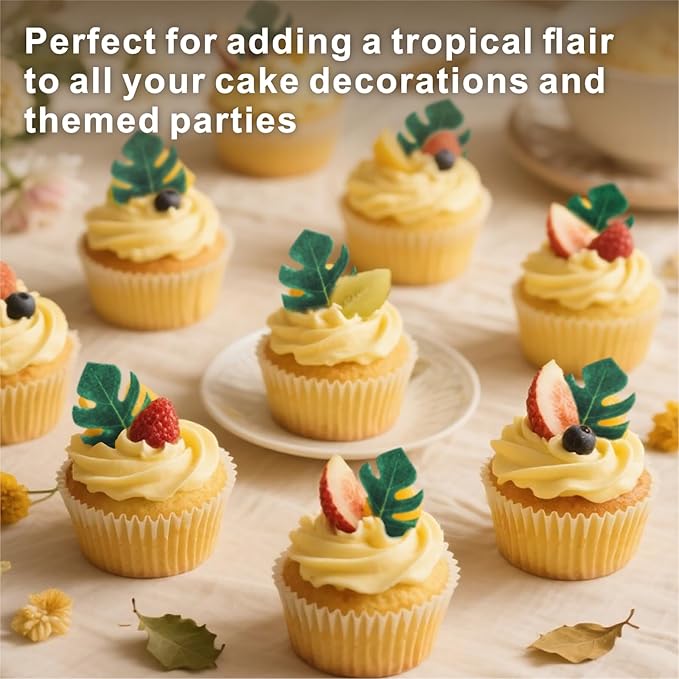 96 Pcs Hawaiian Cake Decorations, Edible Tropical Leaves, Tropical Cupcake Toppers, Mini Palm Leaves Edible Cupcake Toppers for Jungle Hawaii Theme Baby Shower Kids Birthday Party Supplies