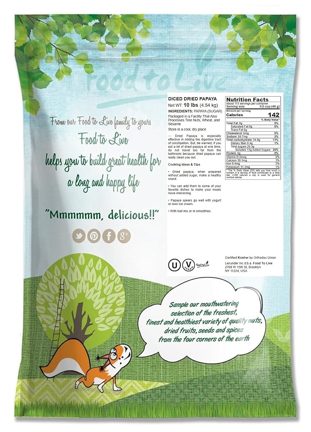 Food to Live Dried Diced Papaya, 10 Pounds Kosher, Vegan, Sweetened, Unsulfured, Bulk