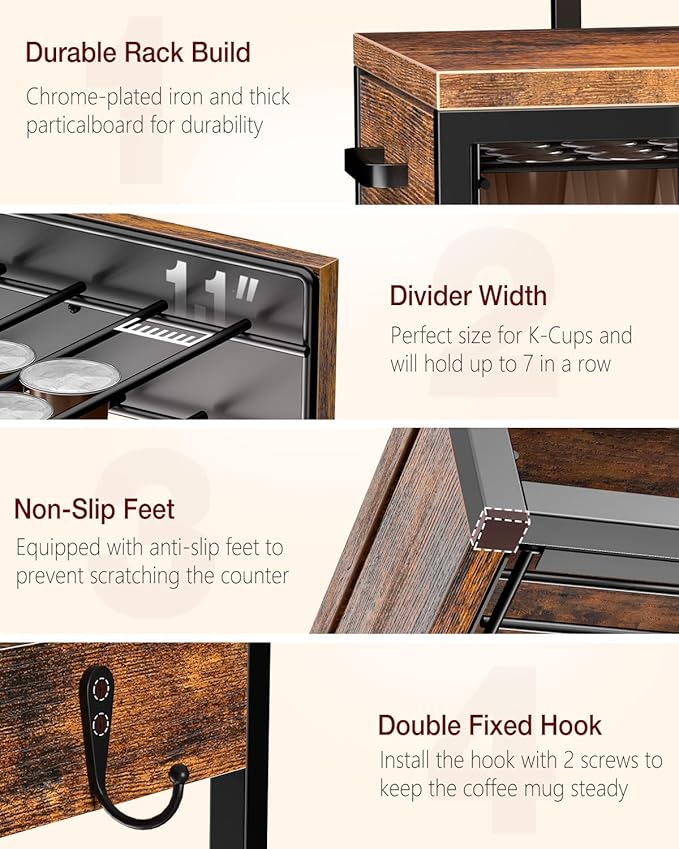 Coffee Pod Drawer Compatible with Nespresso Original Line, 63 Pods Coffee Organizer with Cup Holder, Durable Coffee Maker Stand with Storage Drawer, Rustic Brown