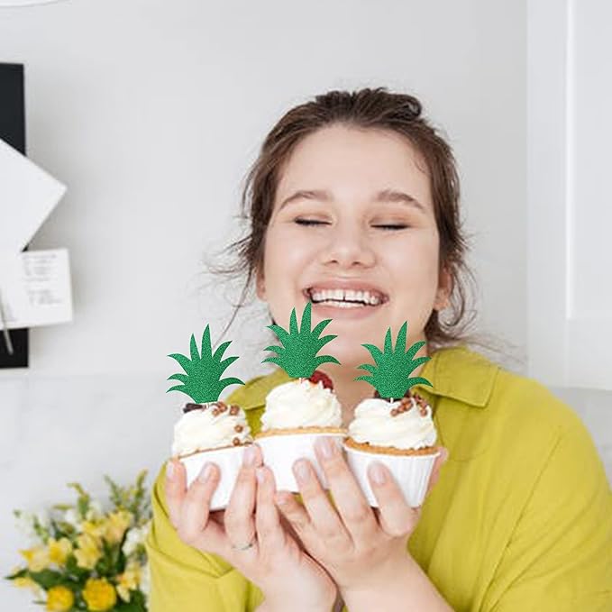 Rsstarxi 24 Pack Pineapple Leaf Cupcake Toppers Green Glitter Pineapple Leaves Cupcake Picks for Summer Tropical Theme Luau Party Hawaiian Wedding Baby Shower Birthday Party Cake Decoration Supplies