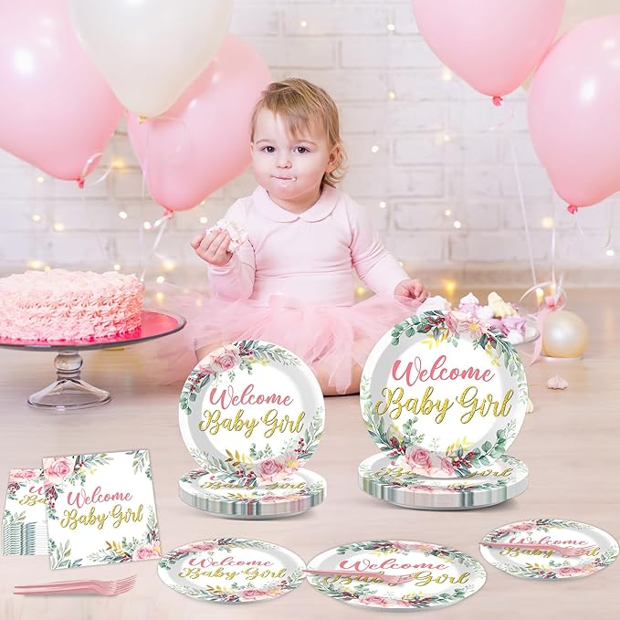 96Pcs Welcome Baby Girl Plates and Napkins Baby Shower Party Decorations Sage Green Pink Dessert Disposable Plates Pink Green Floral Tableware Set for 24 Guests Baby Girls Birthday Party Supplies