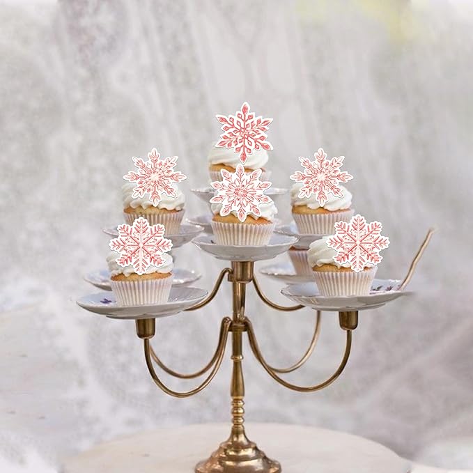 60 PCS Edible Snowflake Cupcake Toppers Wafer Paper Frozen Cupcake Topper Edible Snowflake Cupcake Picks Decoration for Winter Wonderland Christmas Birthday Party Cake Decorations Supplies White Pink