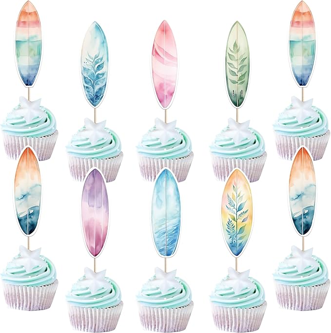 40 Pack Surfboard Cupcake Toppers Double Sided Surfboard Palm Tree Coconuts Cupcake Picks Holiday Beach Surf Cake Decorations for Summer Beach Theme Baby Shower Birthday Party Supplies