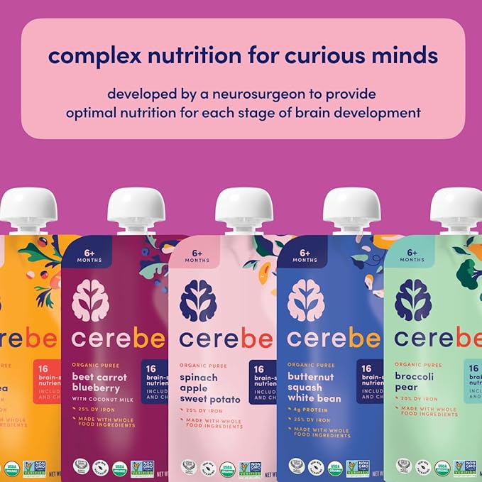 Cerebelly Organic Baby Food Pouches ??Dairy Free Smoothies for Toddlers | No Added Sugar, Fiber, Non-GMO | Toddler Smoothie Pouches | 4oz BPA-Free Baby Food | Sweet Potato Banana Blueberry | 12 Count
