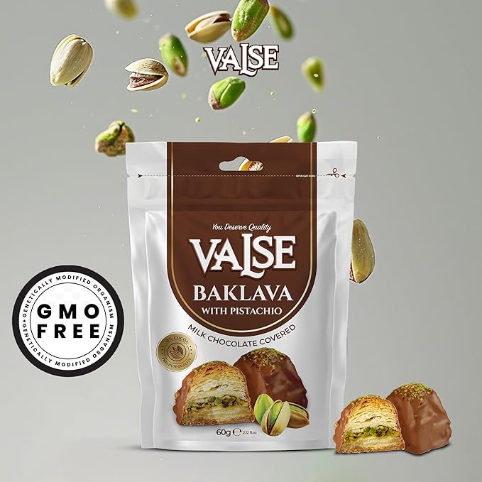 Chocolate Covered Turkish Baklava with Pistachios, Milk Chocolate Covered Freeze Dried Turkish Baklava with Pistachios, 2.47 oz Chocolate Covered Fruit, Chocolate Dipped Turkish Baklava with Pistachios (Mini, Baklava)