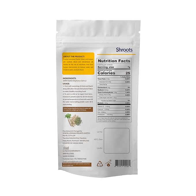 SHROOTS Dehydrated Radish Flakes Pure Vegetarian Gluten-Free No Added Salt Easy Cooking Machine Essential Dried Vegetable Boosted with Aroma Fiber Perfect for Dals or Everyday Meals 1.23 oz, Pack of 1