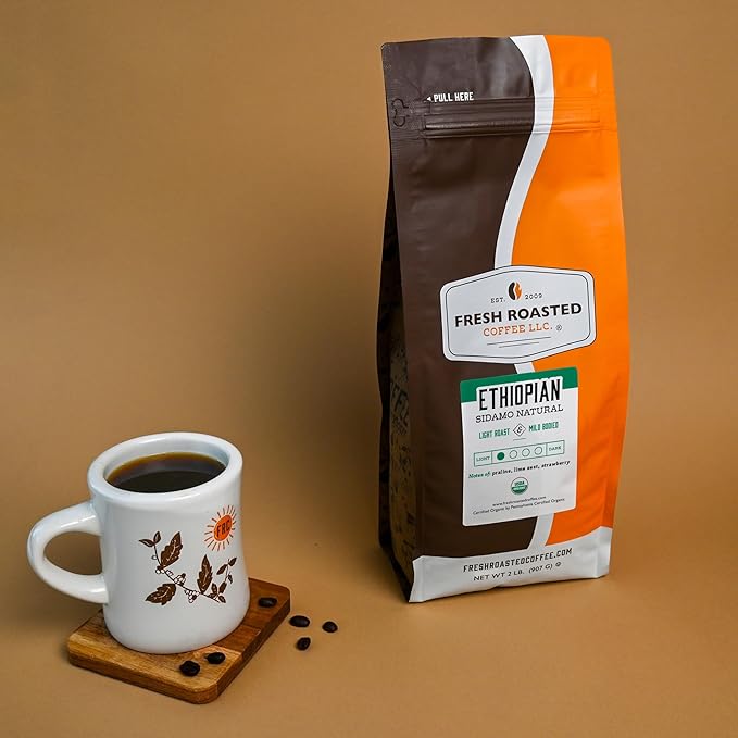 Fresh Roasted Coffee, Organic Ethiopian Sidamo Natural | USDA Organic, 100% Single Origin, Kosher | Light Roast 2 lb (32 oz) Whole Bean