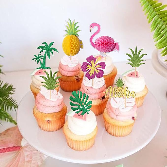 28 PCS Tropical Cupcake Toppers Glitter Leaf Pineapple Flower Palm Tree Flamingo Cupcake Picks Aloha Cake Decorations for Summer Hawaiian Luau Theme Baby Shower Birthday Wedding Party Supplies