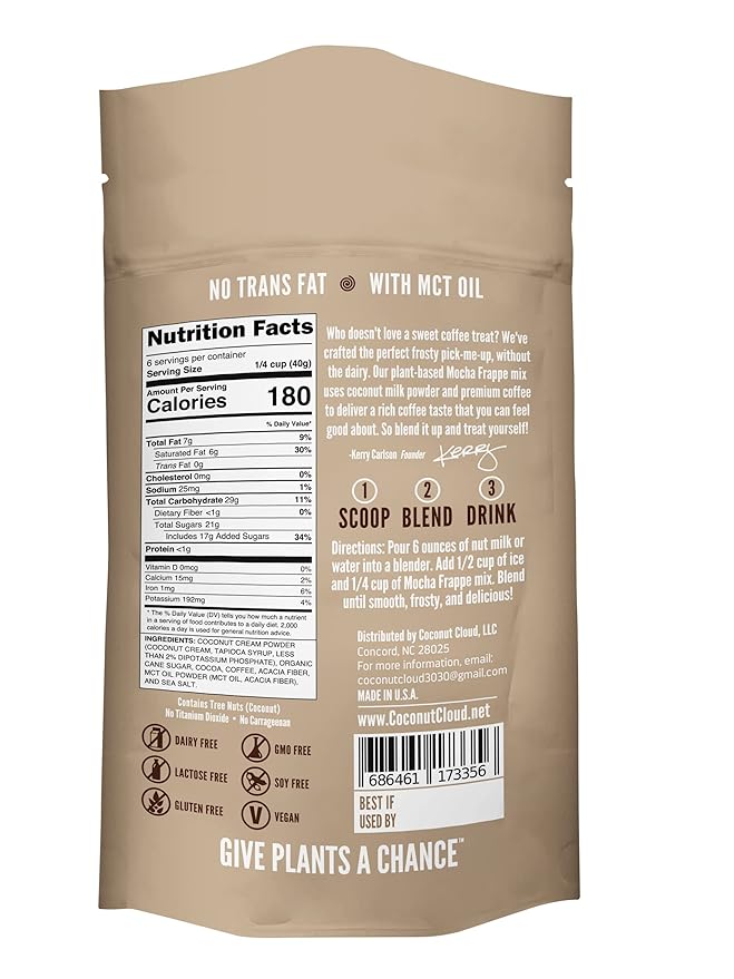 Coconut Cloud: Mocha Frappe Frozen Blended Iced Coffee Latte Mix | Instant: Add Ice + Favorite (Nut) Milk, Blend & Enjoy | Natural, Delicious, Creamy Coffee & Chocolate (Dairy Free, Gluten Free, Vegan), 6 Servings
