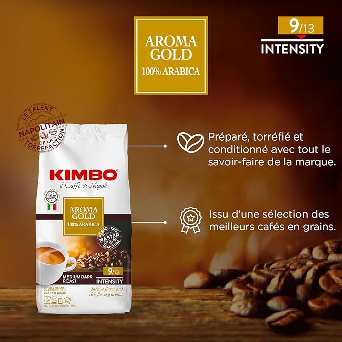 Kimbo Aroma Gold | 100% Arabica Whole Bean Coffee | Medium Dark Roast | 9/13 Intensity | 2.2 Lbs (1kg) Bag