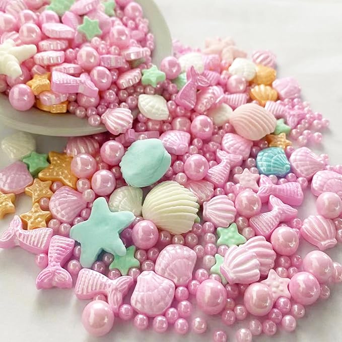 Sentovac Pink Mermaid Sprinkle Edible Decorating Ocean Sprinkles for Cake Cupcake Topper Cookie Baking Decorations Starfish Shell Pearl Mermaid Candy Mix Mermaid Party Birthday Cake Decorations