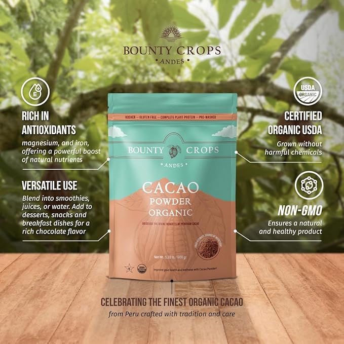 Bounty Crops Organic Cacao Powder (1.3 lb, 21 oz, 600 gr), Unsweetened Cacao with Dark Chocolate Flavor, Fruit Notes, Certified Organic, Non GMO, Gluten Free and Vegan