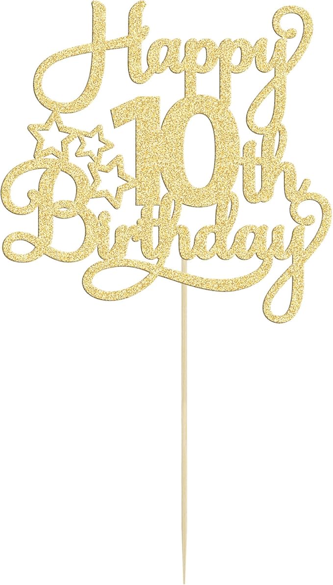 1 Pack Happy 10th Birthday Cake Topper Glitter Heart Star 10 Fabulous Cake Pick Birthday Sign Cake Decorations for Children 10th Birthday Theme Party Supplies Gold