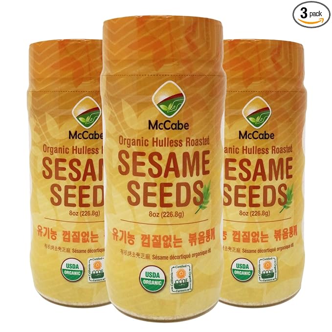 McCabe Organic Hulless Roasted Sesame - Unhulled Sesame Seeds Organic | Rich with Fiber & Minerals | USDA and CCOF Certified | Packed in USA | 8oz (Pack of 3)