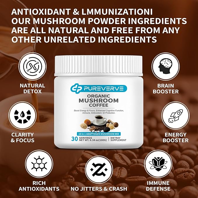 Mushroom Coffee, Organic10 Mushroom Extract Powder Blend Lion's Mane, Reishi, Chaga, Cordyceps, Turkey Tail 30 Servings