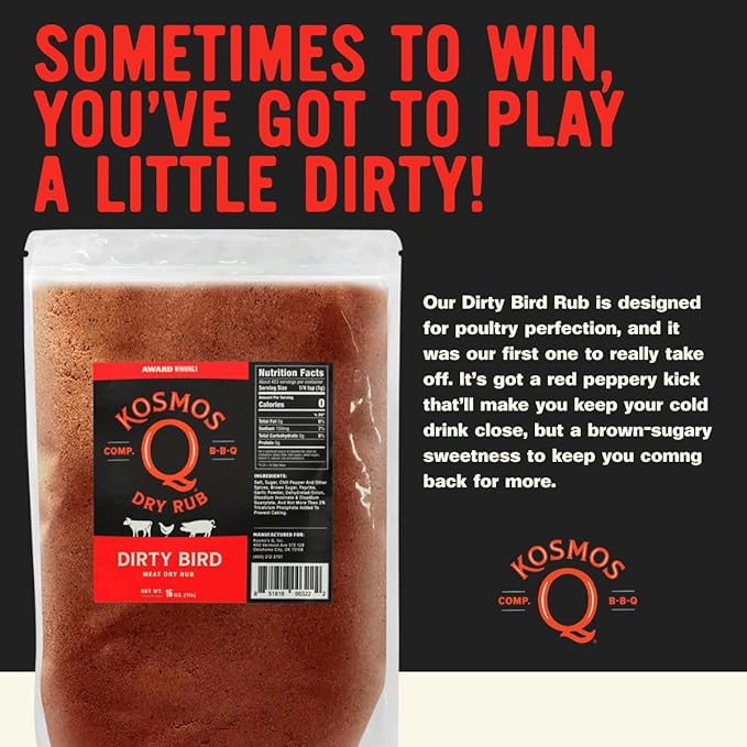 Kosmos Q Dirty Bird BBQ Dry Rub, Sweet and Spicy Seasoning with Brown Sugar, Red Pepper, Garlic & Paprika For Chicken, Chicken Wings, Turkey, Ribs, Pork, Dry Rub For Smoking & Grilling Meat, 16 Oz Bag